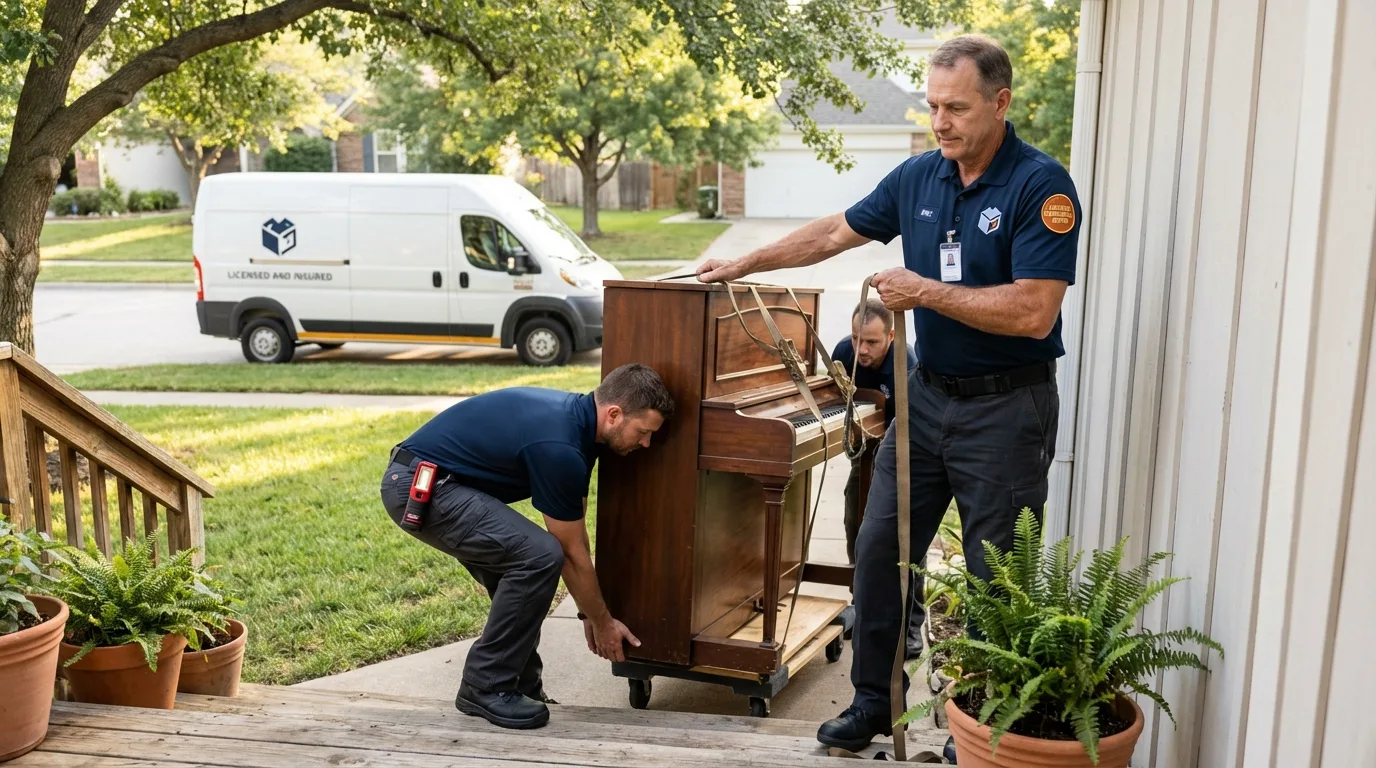 Licensed piano movers securing grand piano in Truro, MA