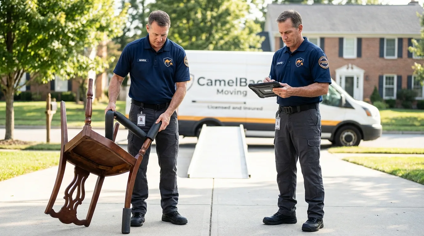 Movers inspecting furniture for damage prevention before loading in Truro, MA