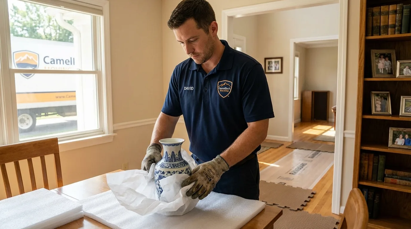 Professional crew carefully wrapping antique vase for senior downsizing move in Truro, MA