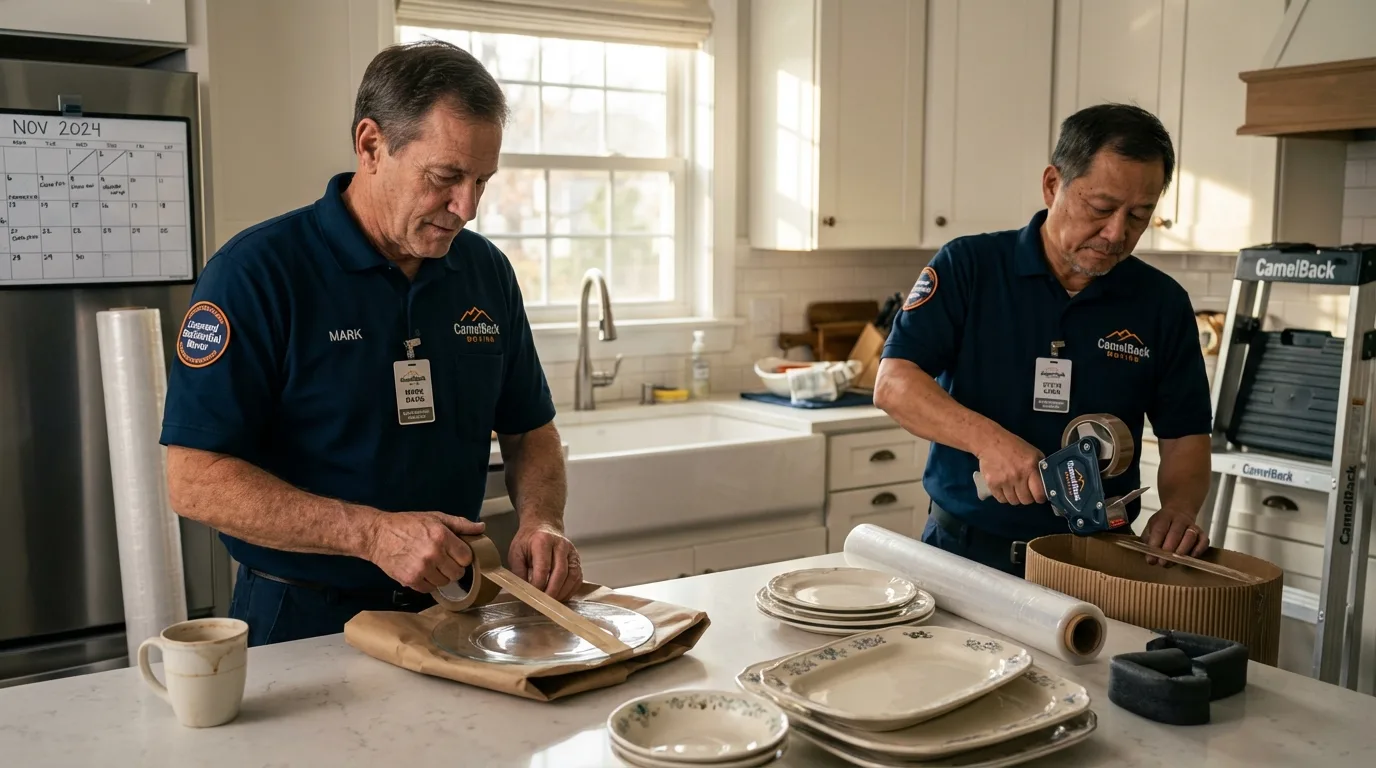 Professional crew packing kitchen dishware in Truro, MA